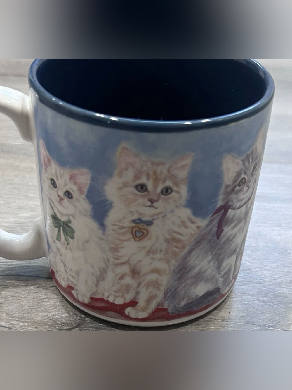 Flowers Inc Balloons Cat Mug Kittens Coffee Cup Blue Glaze Inside #689200 VTG